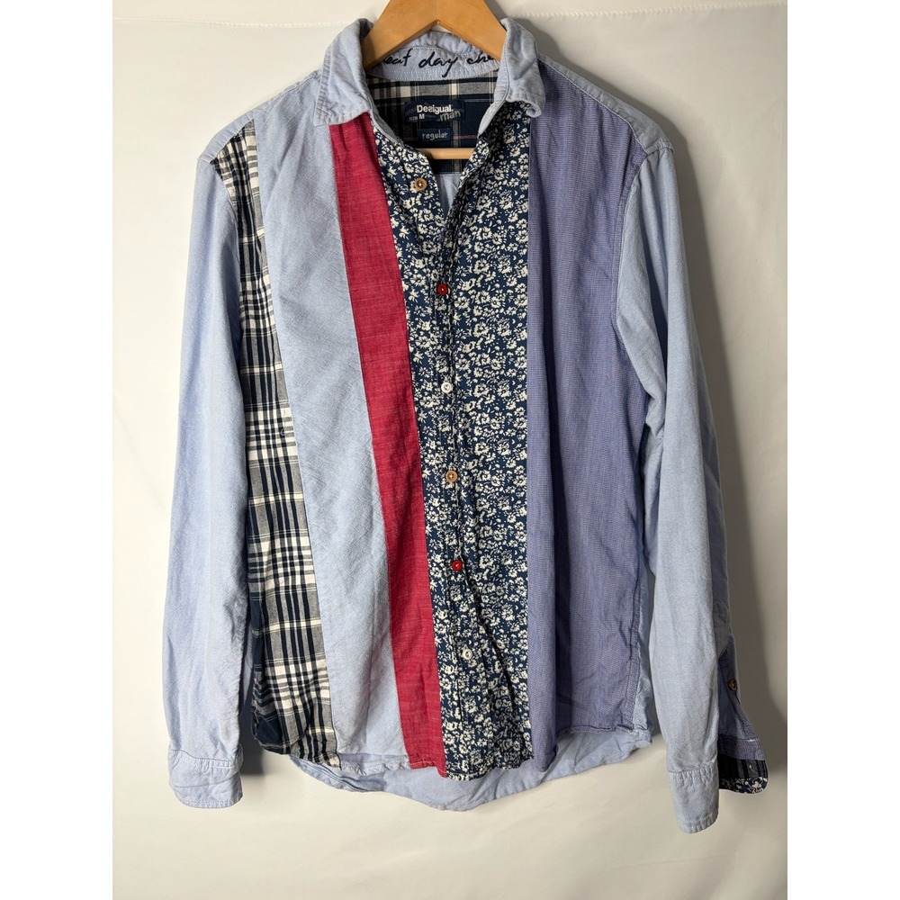 Desigual Man Patchwork Button Down Shirt Sz M Blue Red Floral Plaid Artsy Retro